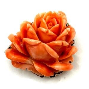 Vintage 14k Yellow Gold and Carved Coral Rose Brooch or Pin 1.25"